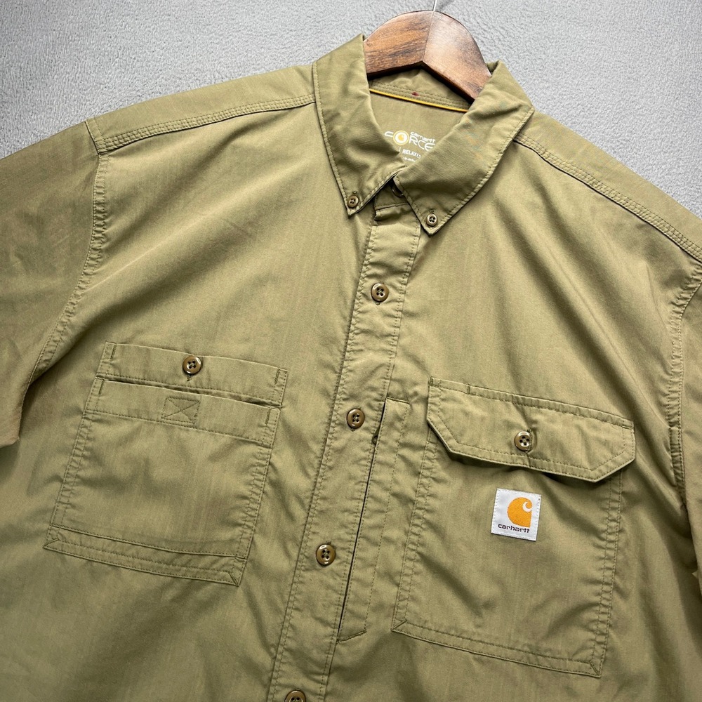Carhartt Force Relaxed Fit Shirt Mens XL Green Short Sleeve Button Down Workwear